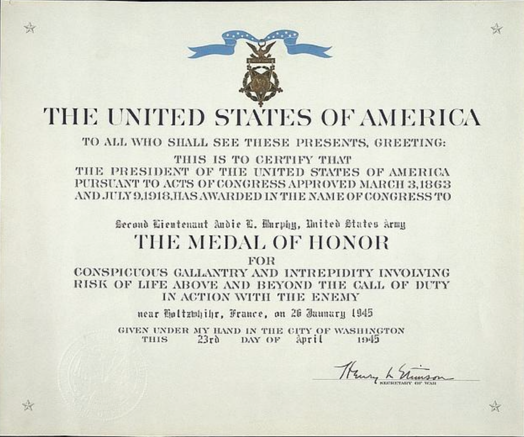 Official Medal of Honor citation for Audie L. Murphy, describing his actions near Holtzwihr, France, on January 26, 1945.